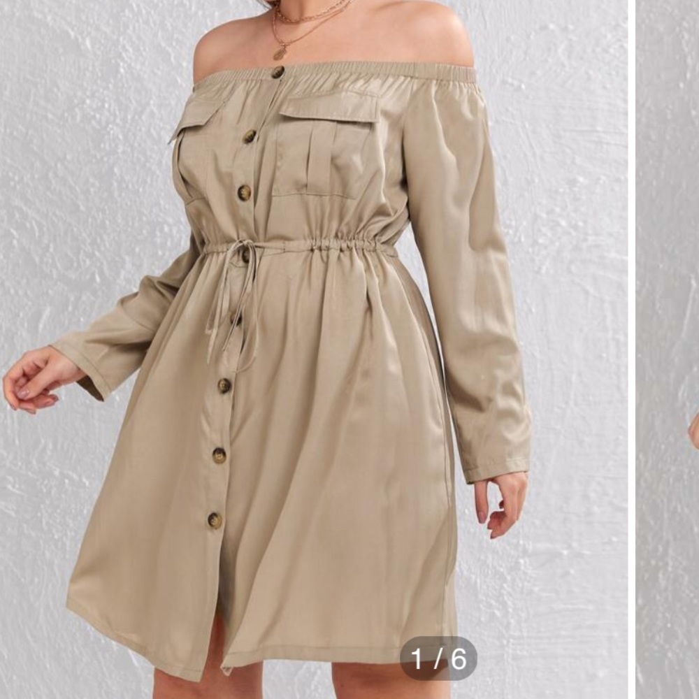 PLUS Khaki Bardot Button Front Drawstring dress
